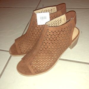 Brown laser cut detail stack heel